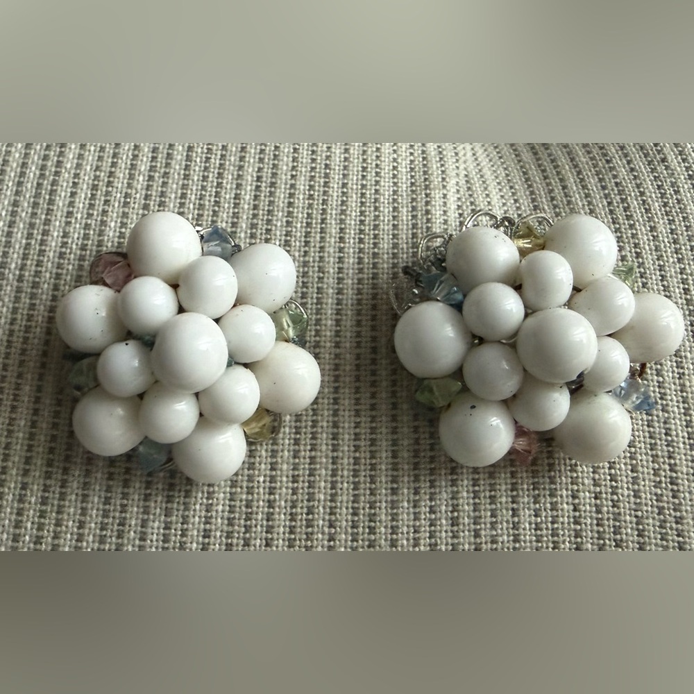 Vintage White Milk Glass & pastel faceted bicone Beaded cluster Clip-On Earring